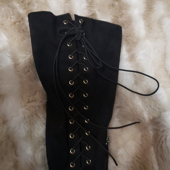 Thigh High Black Lace Up Boots - Picture 3 of 3